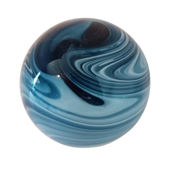 Art Glass Ball Blue Swirl Hand Blown 4" Diameter Abstract Ocean Waves Design - Picture 1 of 7